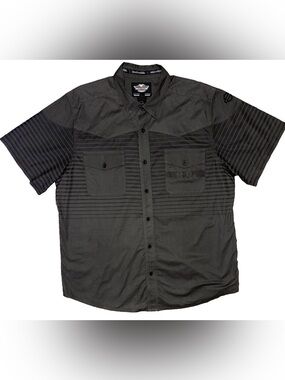 Mens Multi Stripe Harley Davidson Short Sleeve Button Down Shirt 2XL Olive Green
